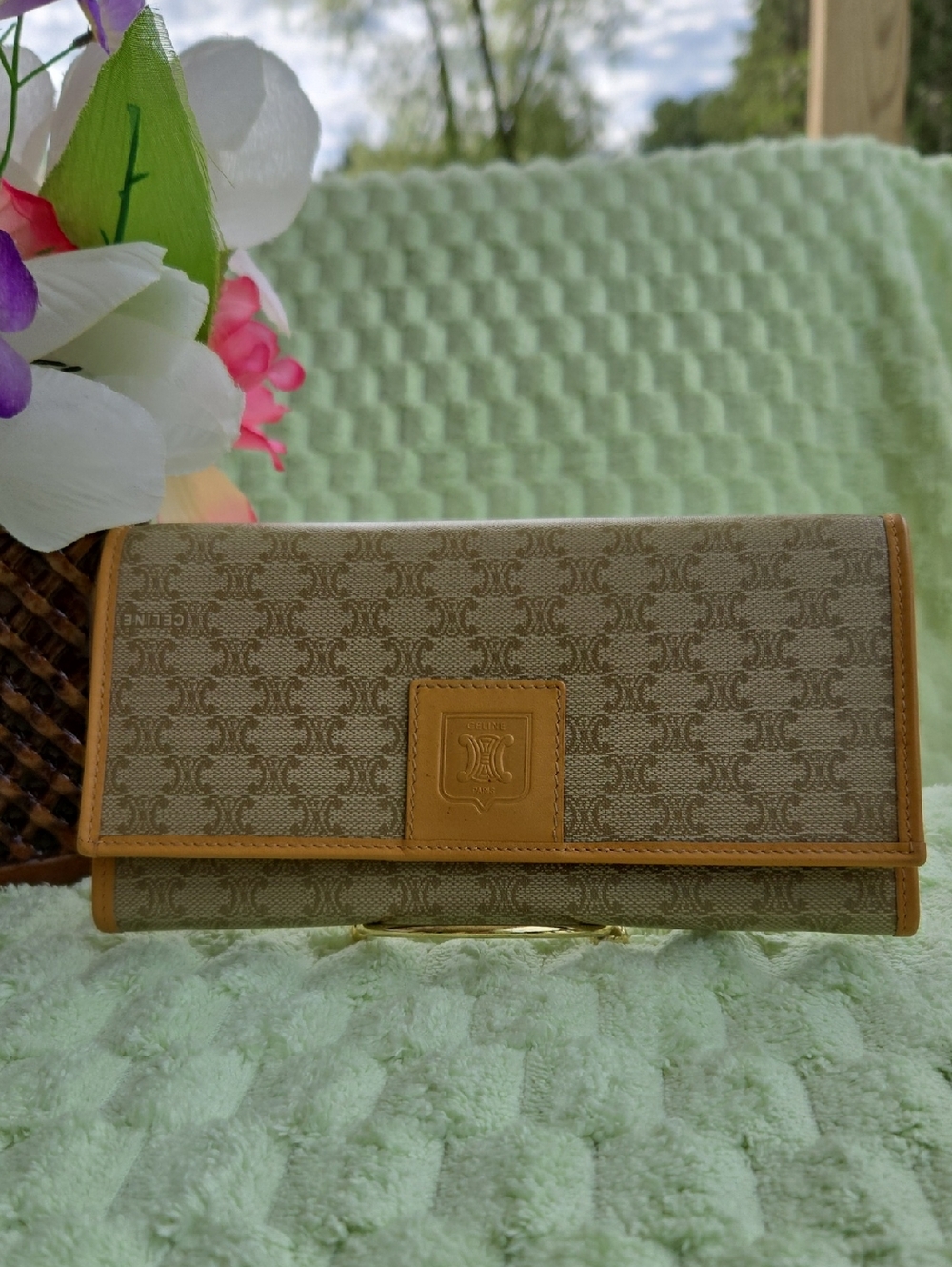 Celine Vintage Beige Monogram Continental Wallet with Tan Trim
